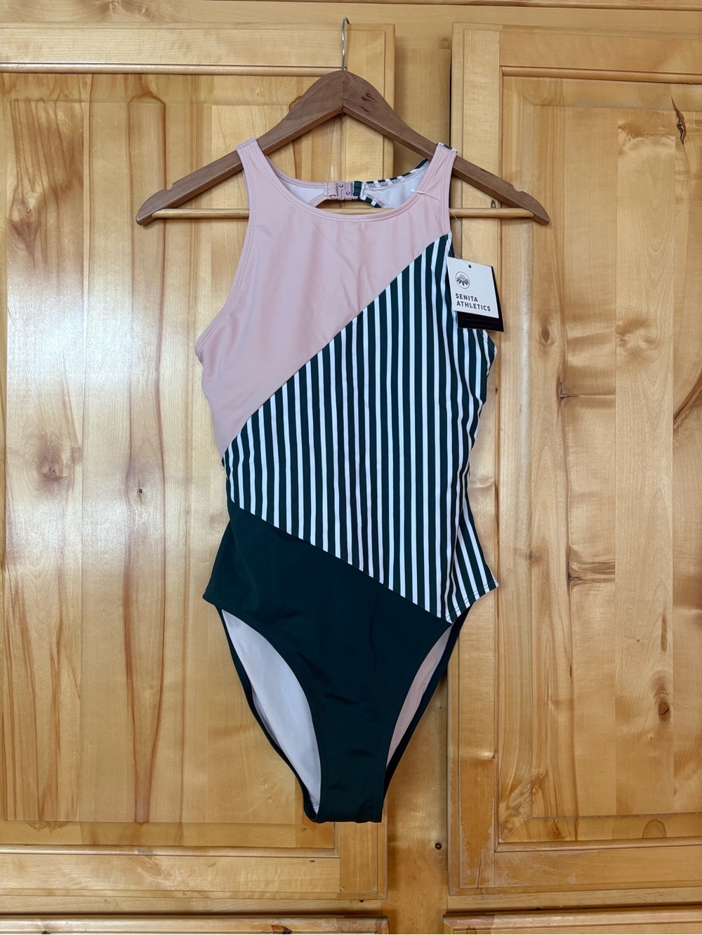 Senita Athletics Pink, Black & White Striped One-Piece Swimsuit